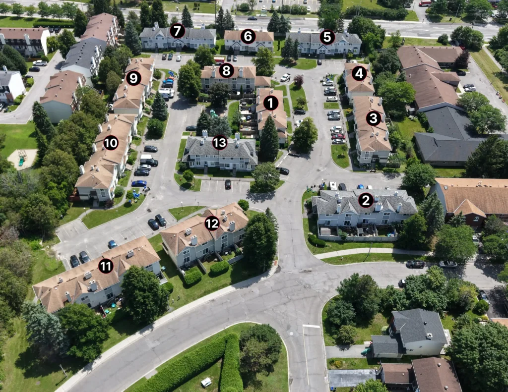 Aerial condo complex inspection in Kanata, Ottawa showing multiple residential buildings